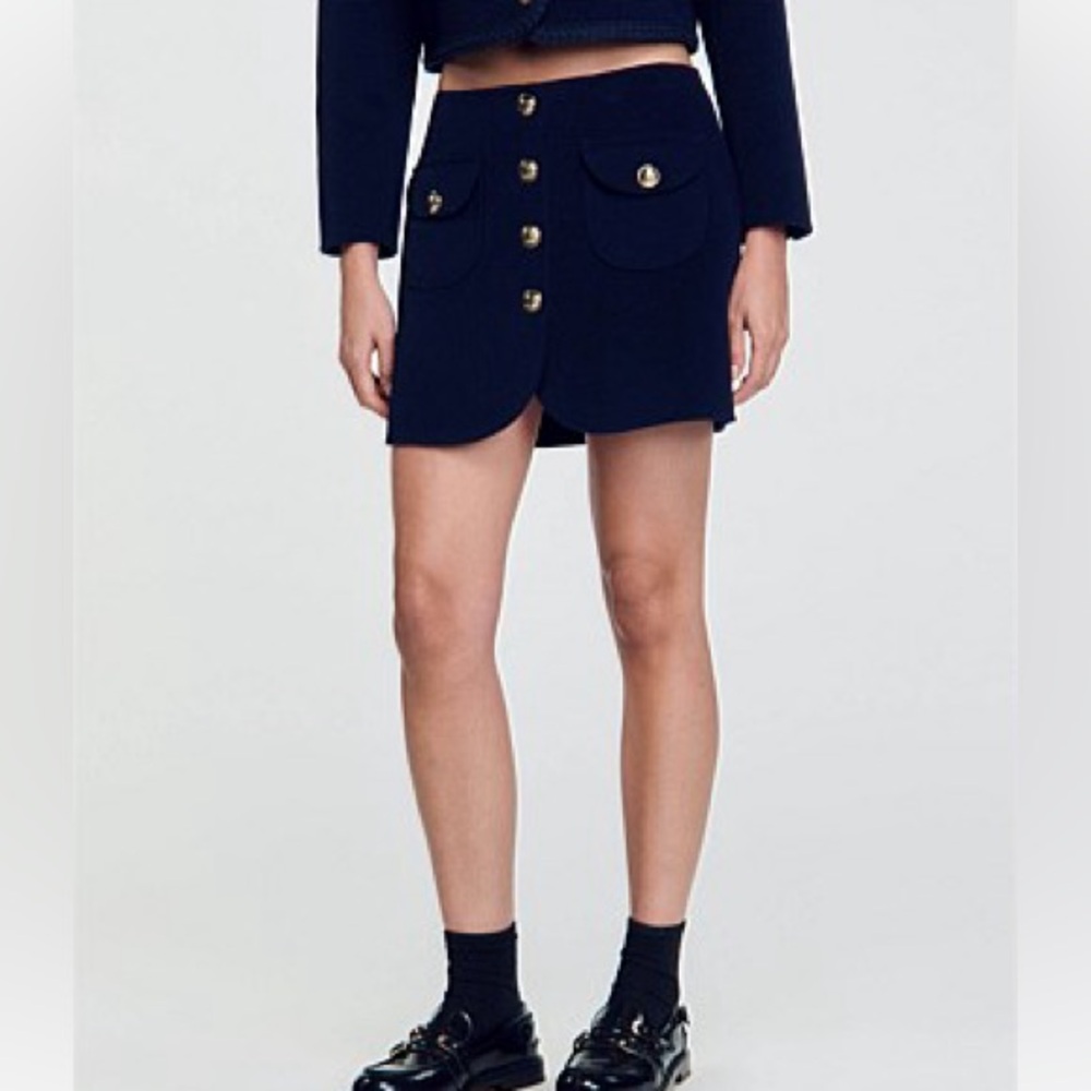 SANDRO double faced short wool Navy Button-Front Skirt FR34 US2